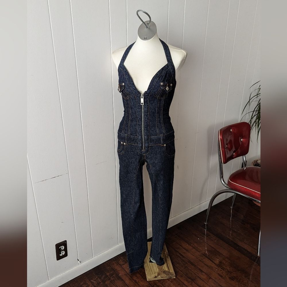 Vintage Y2K Dark Wash Denim Halter Jumpsuit by J Lo Size 5